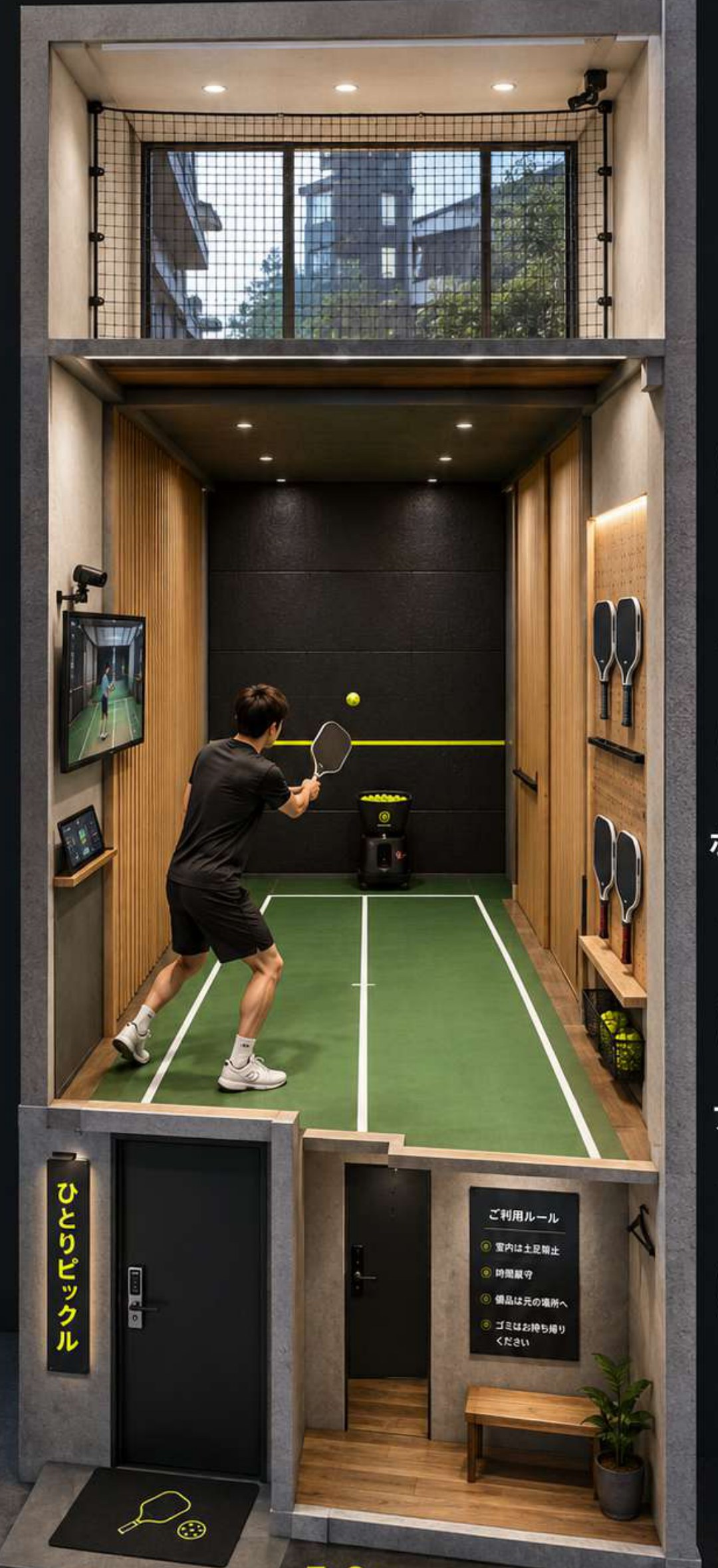 約5mの練習レーンをもつ個室スタジオの断面図